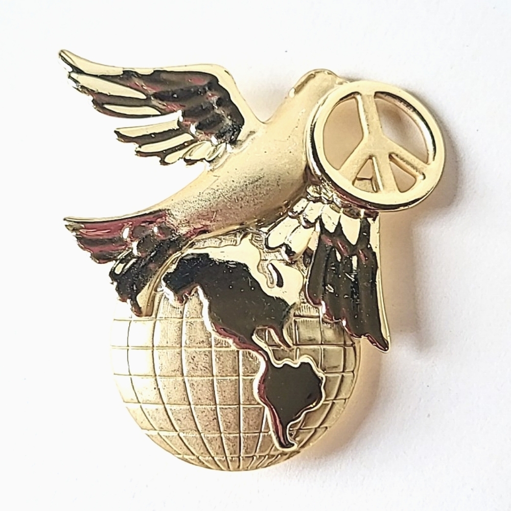 World Peace Brooch by AJC - Dove, Peace Sign, Globe